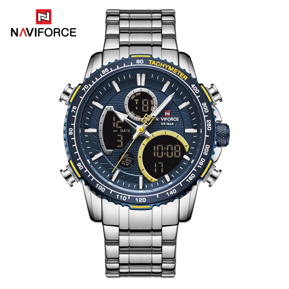 Naviforce Mannen Horloge Waterdichte Grote Wijzerplaat Sport Horloges Mannen Analoge Digitale Waterdichte Quartz Horloge Datum Mannelijke Klok: Silver Blue
