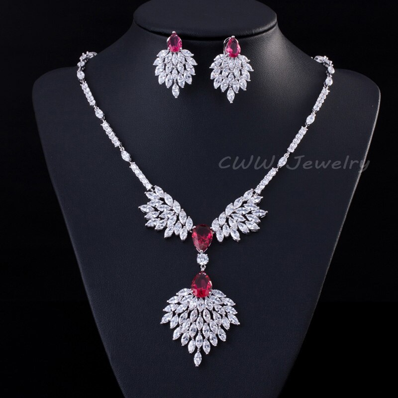 CWWZircons Marca Designer de Acessórios Do Casamento de Noiva Conjunto de Jóias Big Drop Red Cubic Zirconia Colar e Brincos de Noiva T231: red
