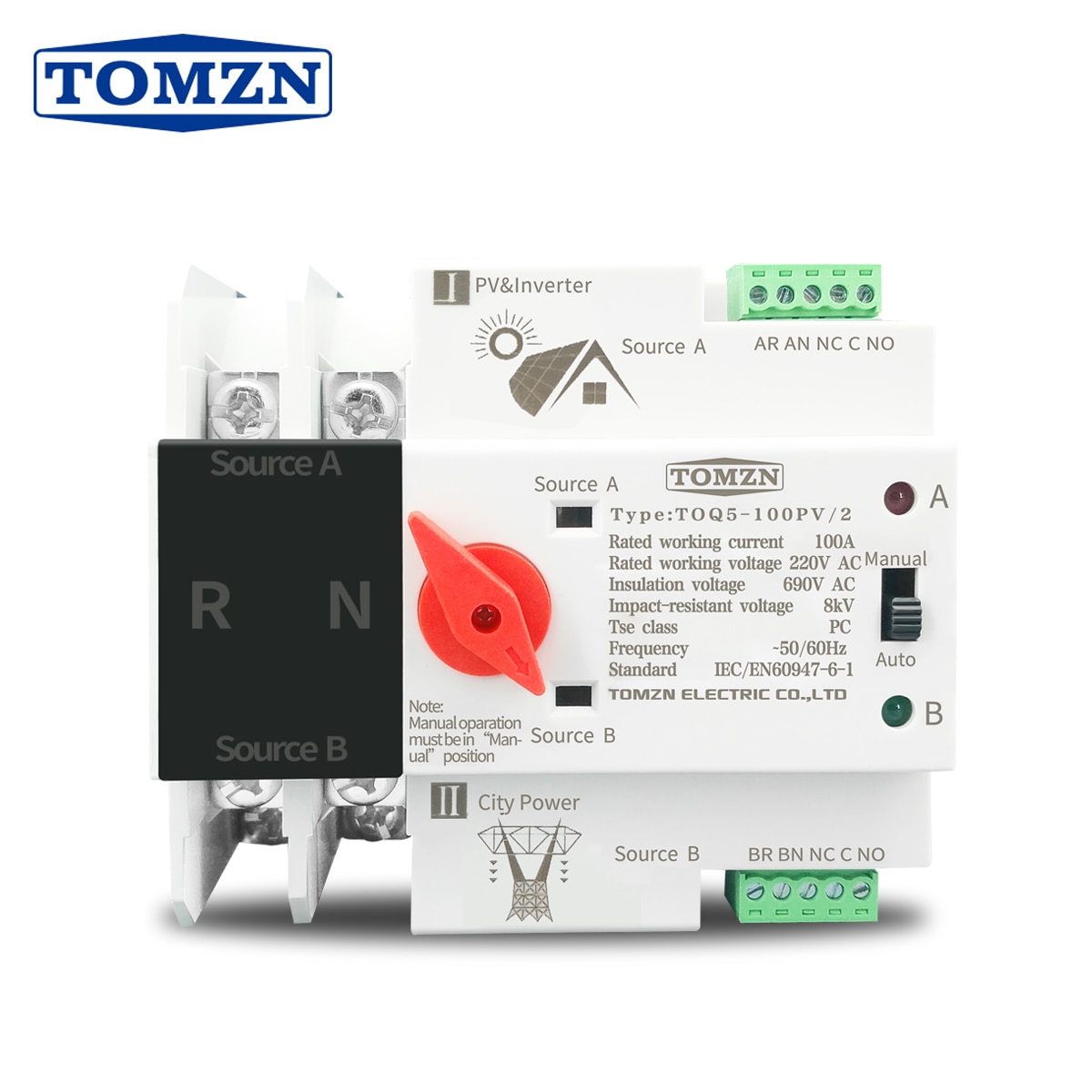 Enfaset din -skinne ats til pv og inverter Dobbel makt automatisk overføringsvelger brytere uavbrutt 2p 63a 100a 125a