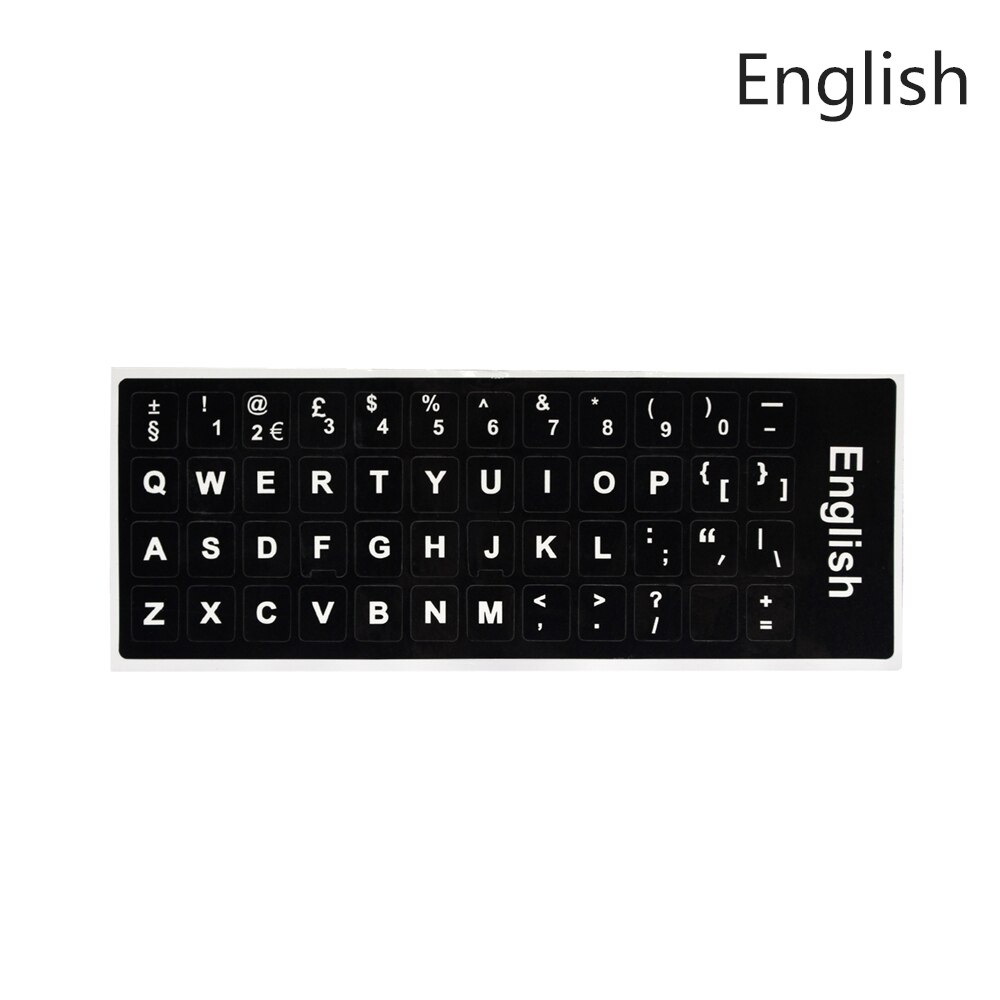 Pegatinas del alfabeto del teclado árabe Cangjie, alemán, ruso, francés, coreano, tailandés, Wubi, español, hebreo, italiano, inglés, letras japonesas:  English