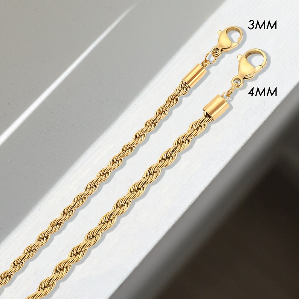 Collar de cadena de acero inoxidable para mujer y hombre, cadena trenzada de Color dorado, 3mm/4mm, joyería