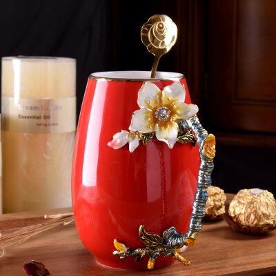 Europa nyhed emalje kaffekop krus blomst te keramik kopper til og kolde drikke mælke legering håndtag kopper og krus: A03