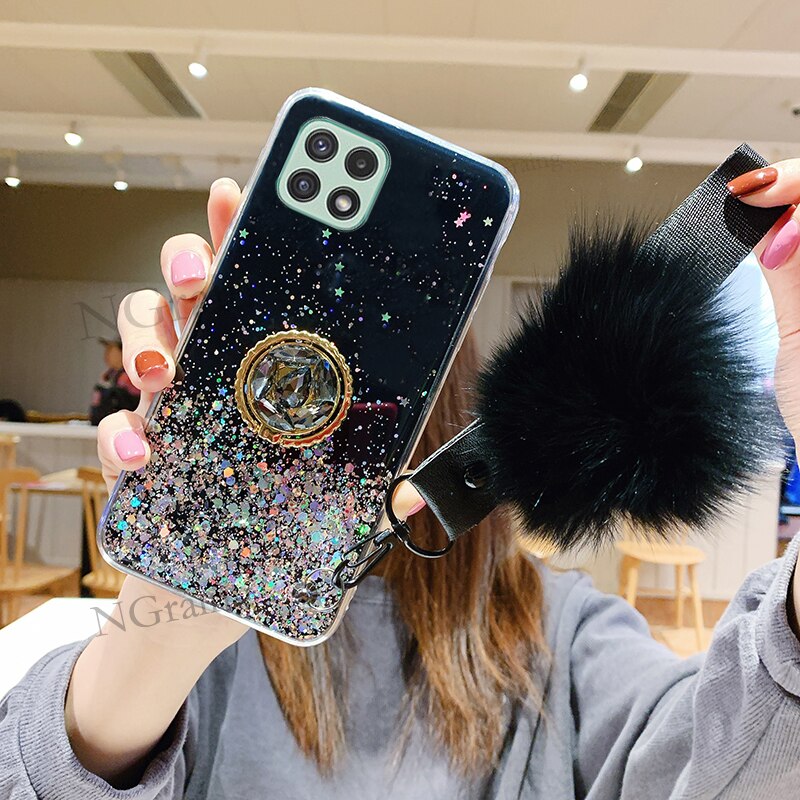 Handphone case for Samsung Galaxy A22S A22 4G 5G soft tpu Luxury Rhinestone Ring Holder Hariball With strap: Samsung A22S 5G / black