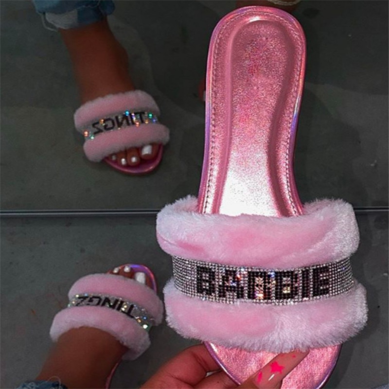 Pink hjem vildt hår hjemmesko vinter lyse diamant varme sandaler kvindelige flip flop flad med interiør hjemmesko