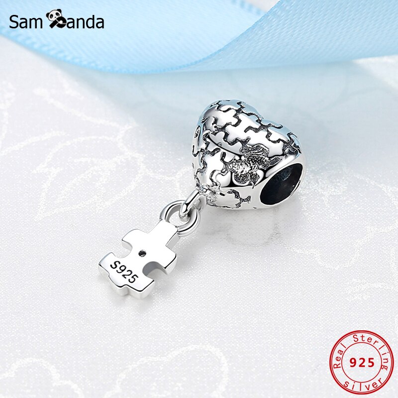 Autentyczne 100% 925 srebrny koralik urok miłość puzzle wisiorek uroki serce dopasowanie bransoletki naszyjniki kobiety DIY tworzenia biżuterii