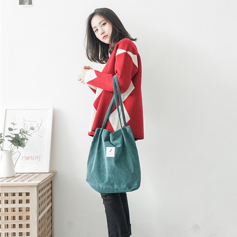 Women Corduroy Canvas Shoulder Bags Female Eco Cloth Handbag Tote Grocery Reusable Foldable Shopping Bag Cotton Lining Pouch