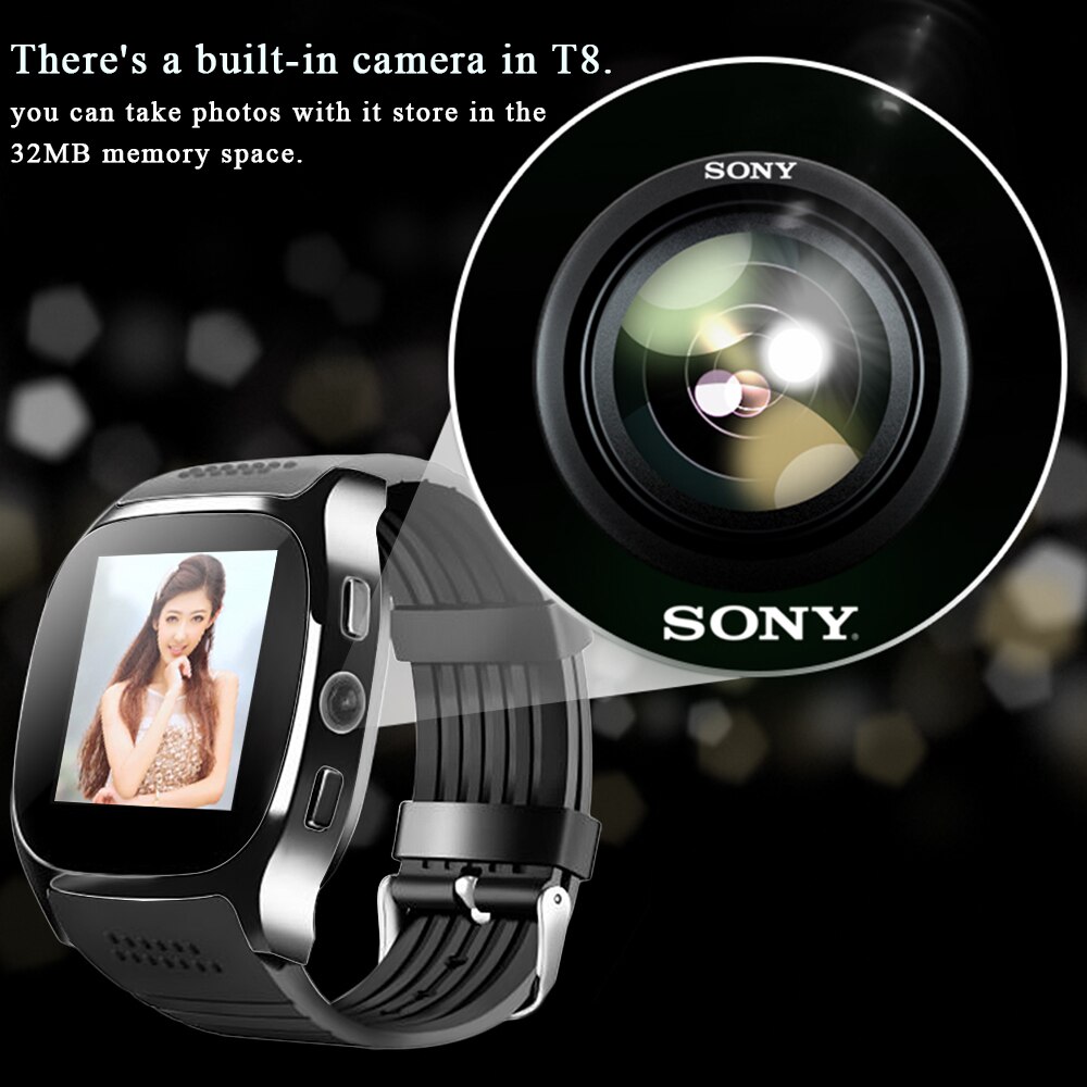 Bluetooth 4.0 T8 Smart Watch Phone Built-In Camera 32MB Memory Space Sync Call Message Pedometer Calorie Counter Sleep Monitor