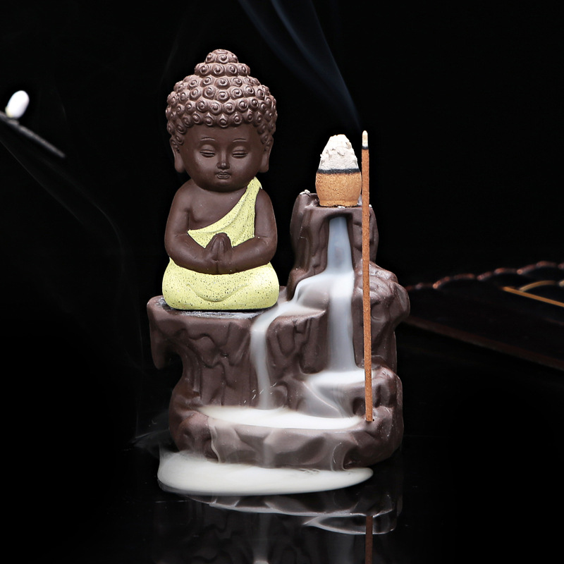 With 10Cones The Little Monk Censer Home Decor Small Buddha Incense Holder Backflow Incense Burner Use In Home Teahouse: light yellow
