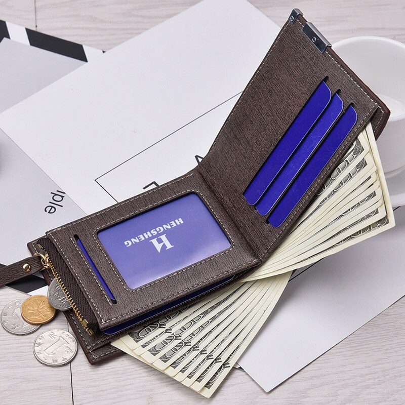 Men's Wallet Multi-card Slot Open Card Bag PU Plaid Short Coin Purse Business Horizontal Square Zipper Wallet