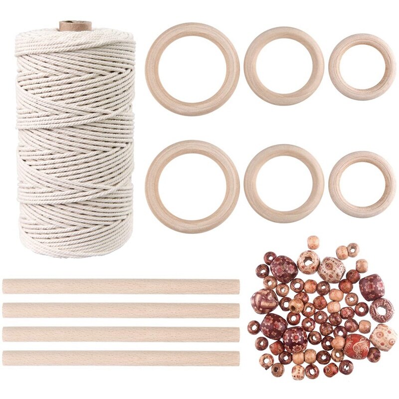 m Natural Macrame Cord with 60 Pcs Wood Beads 6Pcs Wood Ring and 4Pcs Wooden Stick for Crafts,DIY Plant Hangers: Default Title