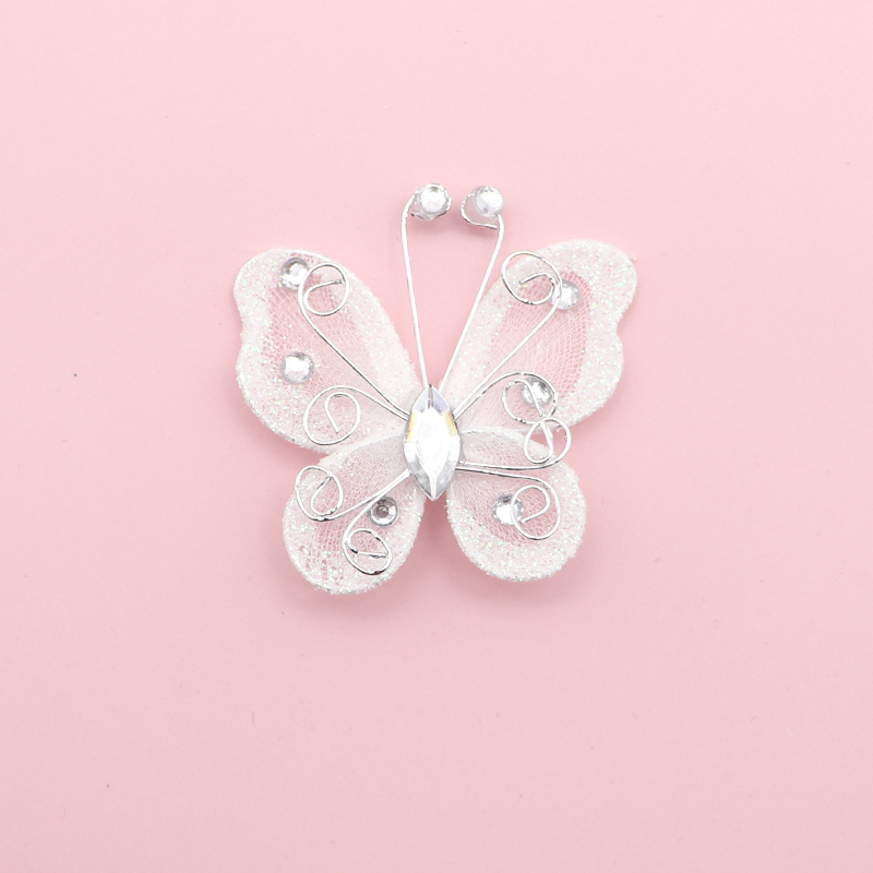 10 sztuk 2 &quot;Organza siatka nylonowa motyle z drutu i dżetów brokat na dekoracje ślubne księga gości Home Decor Party: WHITE