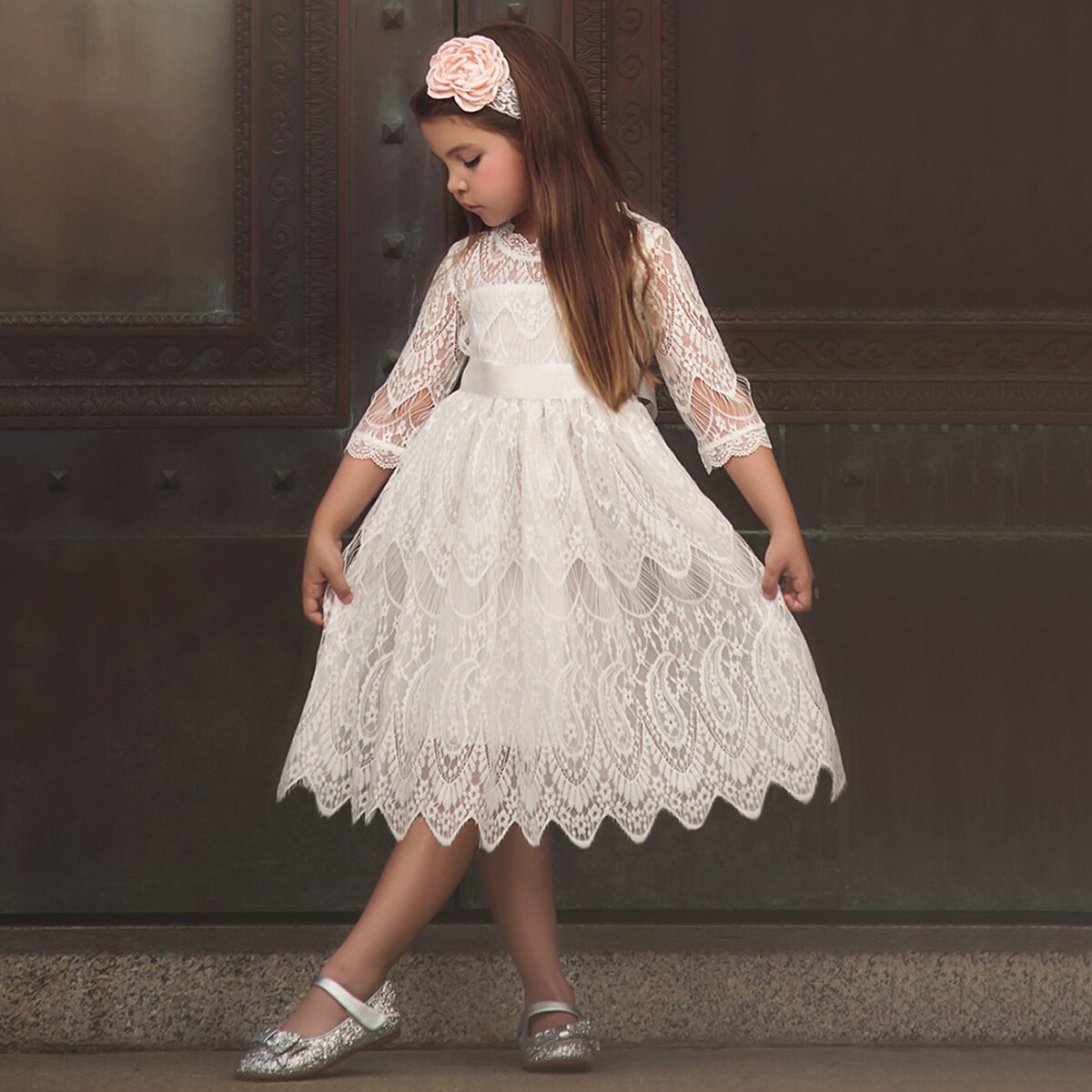 Mode Kanten Jurk Meisjes Bloem Prinses Mouwloze Formele Lange Mouwen Pretty Party Pageant Wedding Bruidsmeisje Jurk