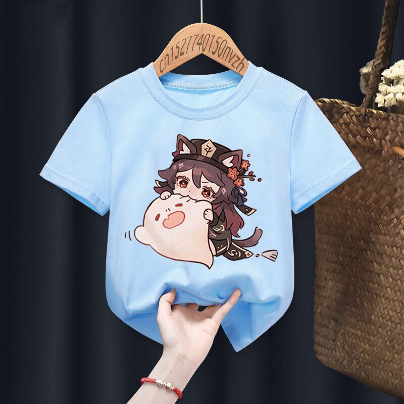 Hu Tao Genshin Impact Print Red Kid t-shirt bambini bambino nero Harajuku Kawaii vestiti ragazzo ragazza top regalo presente, nave di caduta