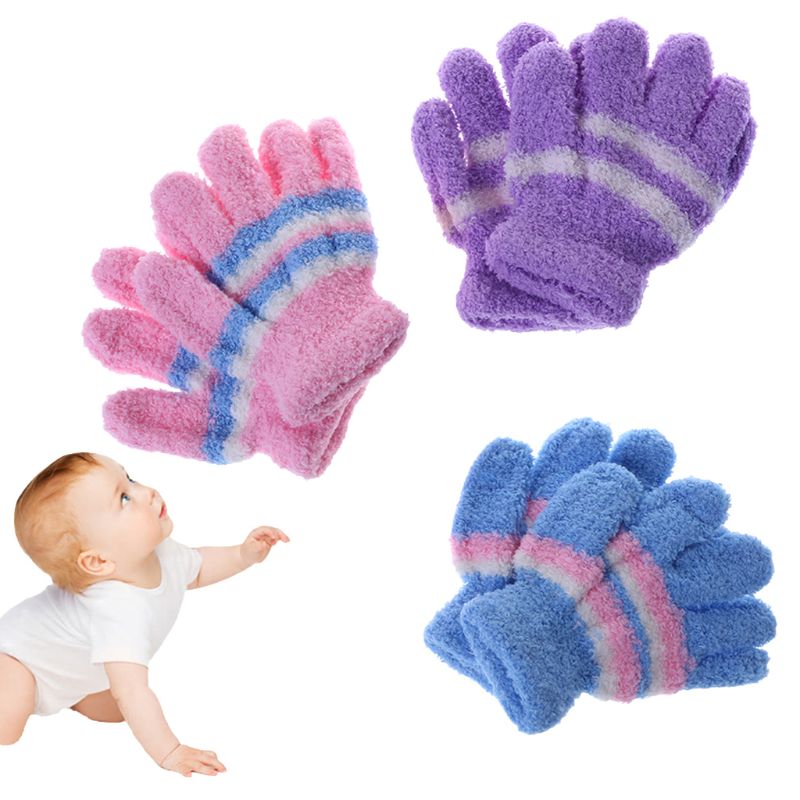 1 Pair Baby Gloves Warm Winter Full Finger Thermal Coral Fleece Kids Boys Girls Colorful Stripe Soft Elastic Solid F3ME