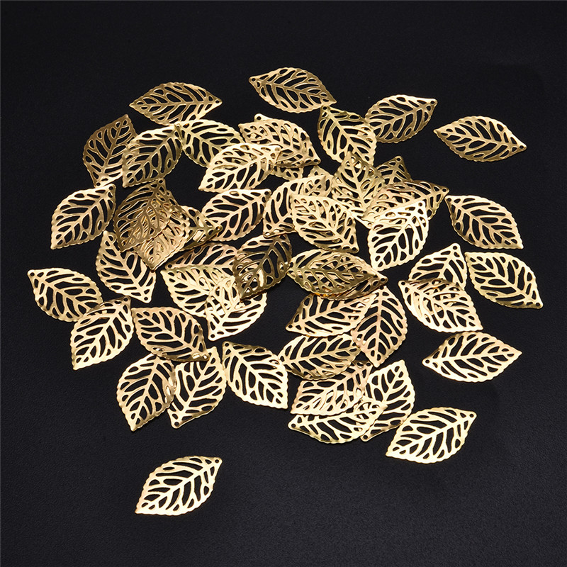50 Uds. De hojas de filigrana, joyería artesanal de Metal, accesorios de boda DIY, colgante, disfraz chino, corona de novia, hojas de Metal: Color amarillo dorado claro