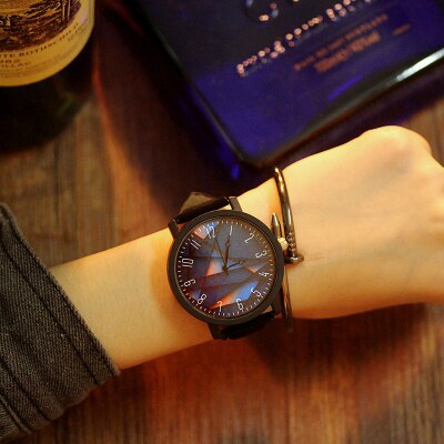 Bayan kol saati læderbånd par ur stor urskive kvarts armbåndsure dameur montre femme horloge damer elsker: Sort-blå