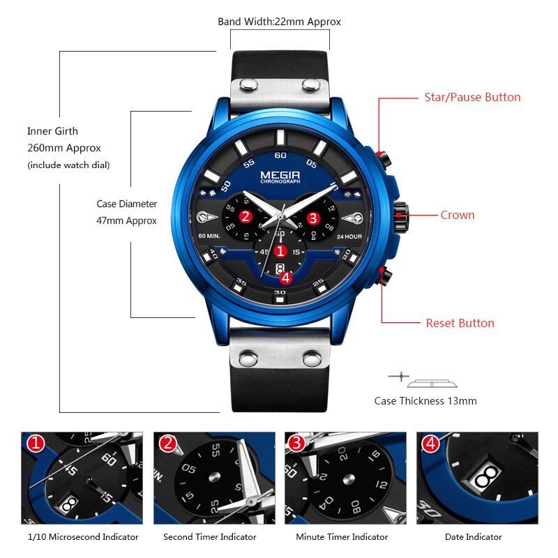 MEGIR 24 Stunden Chronograph Quarz Uhren Wasserdicht Casual Leder Armbanduhr für Mann Leuchtende Hände Sport Uhr 2080 Gelb