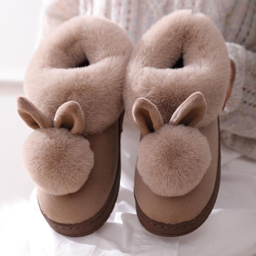 Herfst Winter Katoen Slippers Bont Konijn Thuis Warme Dikke Bodem Indoor Katoen Schoenen Kat Slippers Dames Slippers Schattige Pluizige: Khaki / 36-37