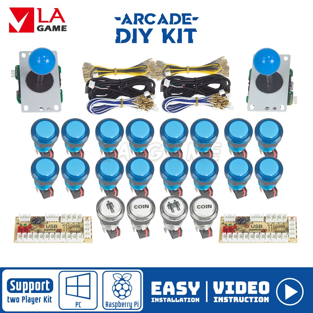 Kit Arcade 2 Speler Nul Vertraging Mando Arcade Usb Encoder Om Pc Rasberry Pi 33Mm Led Drukknop Joystick usb Arcade Kast: All Blue