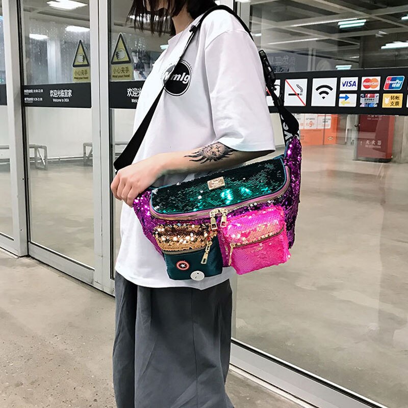 Sequins Hip hop Fanny pack For Women Waist Bag Large capacity Crossbody Chest Bags Female Waist Belt Bag Waist pack