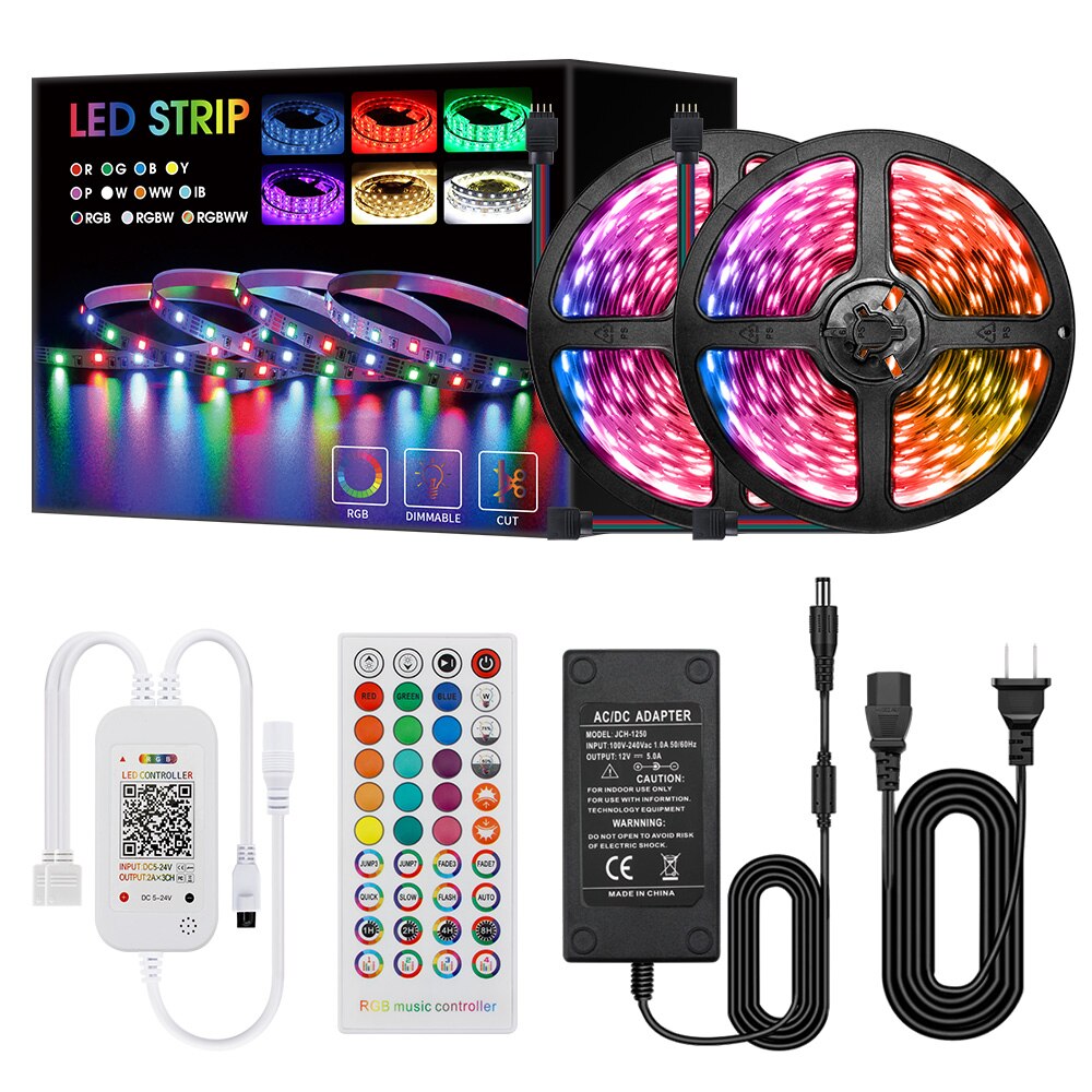 5050 RGB LED Strip Light Kit 10m Flexible Led Lighting Stripe Diode Music Remote Controller Power Adapter Set for Home Bar