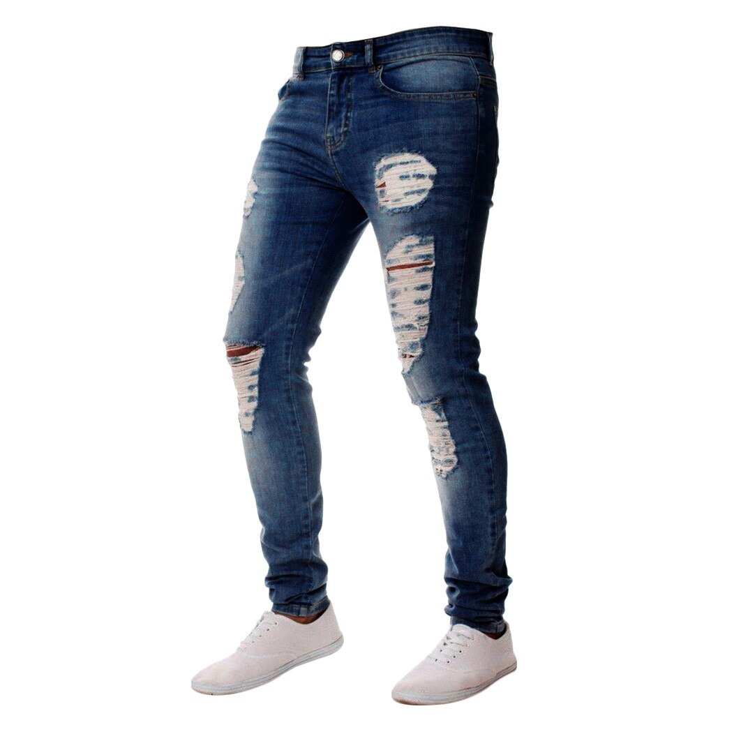 Long Pencil Pants Ripped Jeans Men Slim Biker Zipp... – Grandado