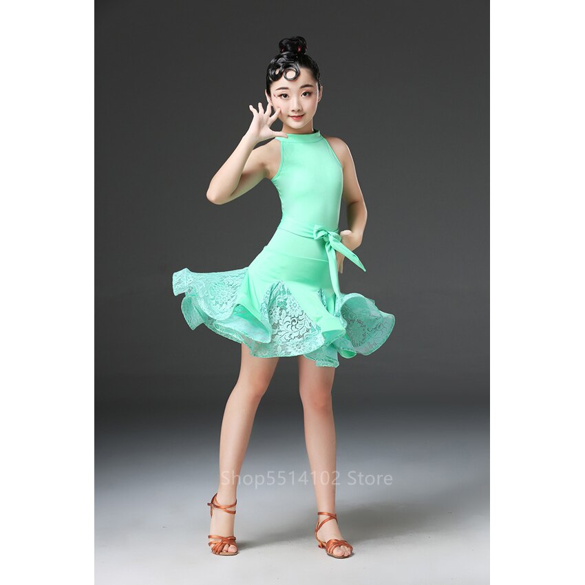 Dzieci Latin Dance Dress konkurs balowy koronkowa Tutu Cha Cha Rumba Samba Vestidos dziewczyna Modren dzieci taniec Costume120-170CM