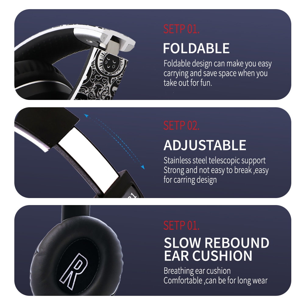 NDJU Wireless Graffiti Headphones - Bluetooth 5.0 - 40mm Drivers - HiFi Stereo Sound with Mic - TF Card FM Radio