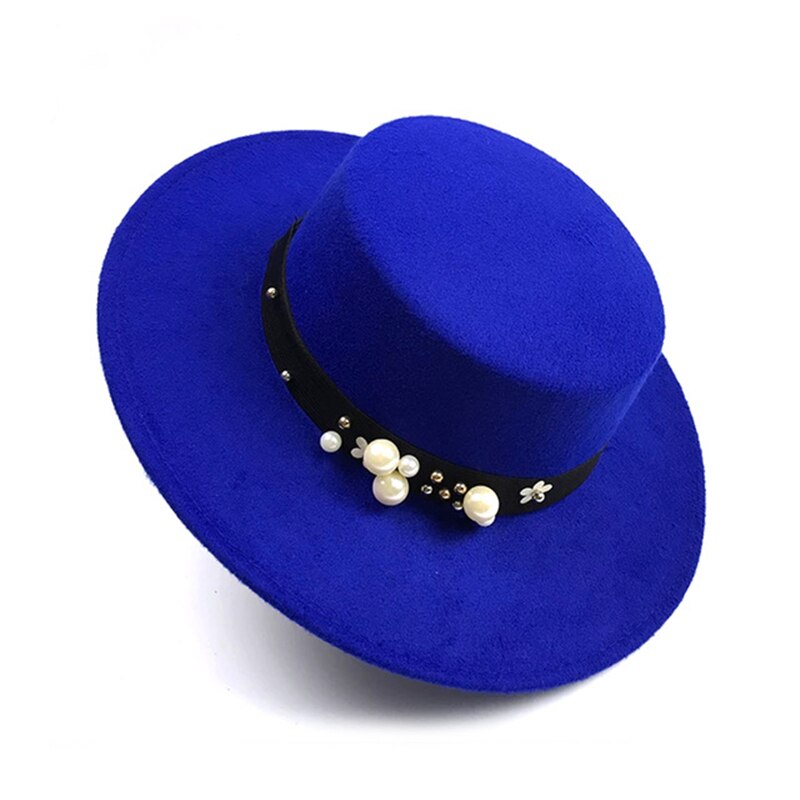 Fedora hoeden voor vrouwen parel bloem platte bovenkant winter dameshoed effen kleur buitenfeest kerkjurken voor vrouwen hoeden: Blauw