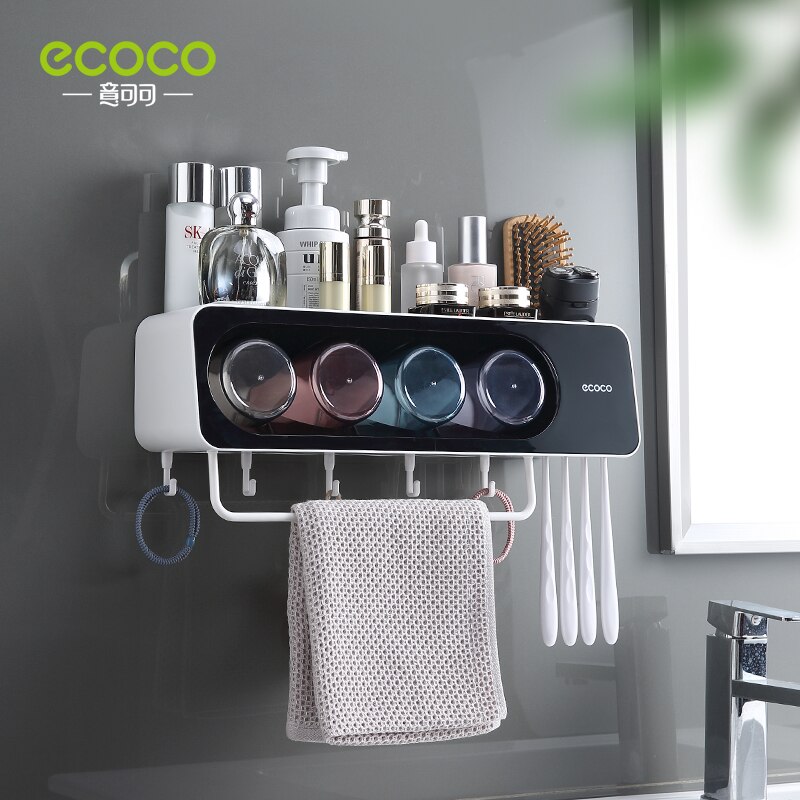 ECOCO Multifunctional Toothbrush Holder Towel Bar Free Punching Automatic Toothpaste Dispenser Squeezer Bathroom oom Accessories: 4 Cup Black