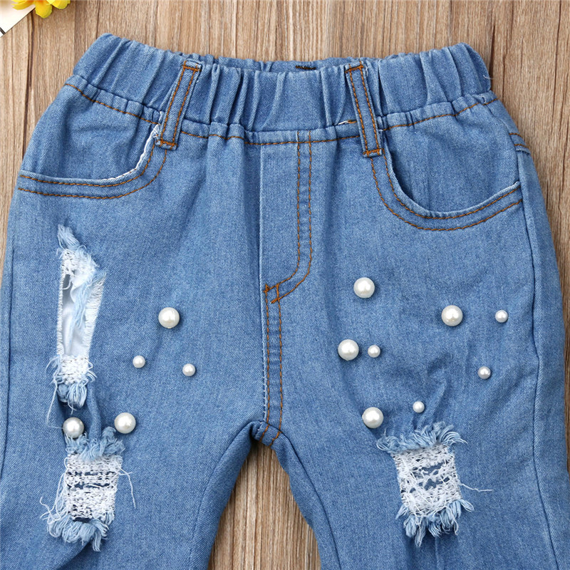 Jean d'été pour fillettes, bleu Denim, trous, perles élastiques, décontracté