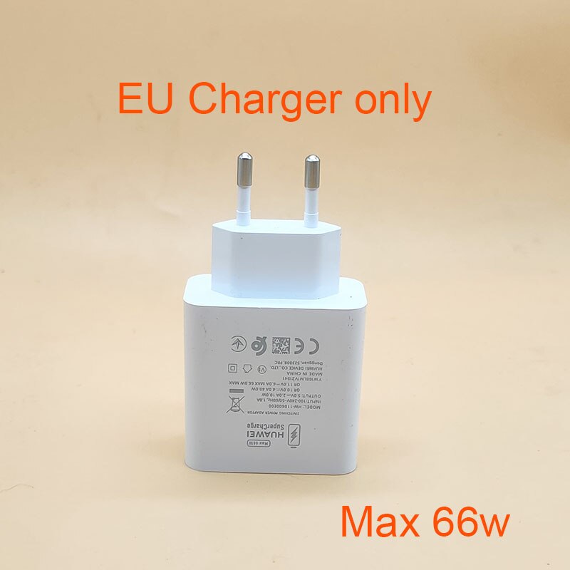 Original HUAWEI Charger 66W Fast charge adapter SuperCharge USB 6A Type C Cable For p50 p40 Mate 40 pro honor 50 nova 9 magic 3: EU Charger Only