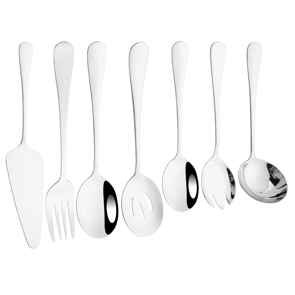 7Pcs Gold Stainless Steel Dinnerware Set Soup Spoon Colander Spoon Service Spoon Salad Fork Cake Spatula Kitchen Home Tableware: Silver