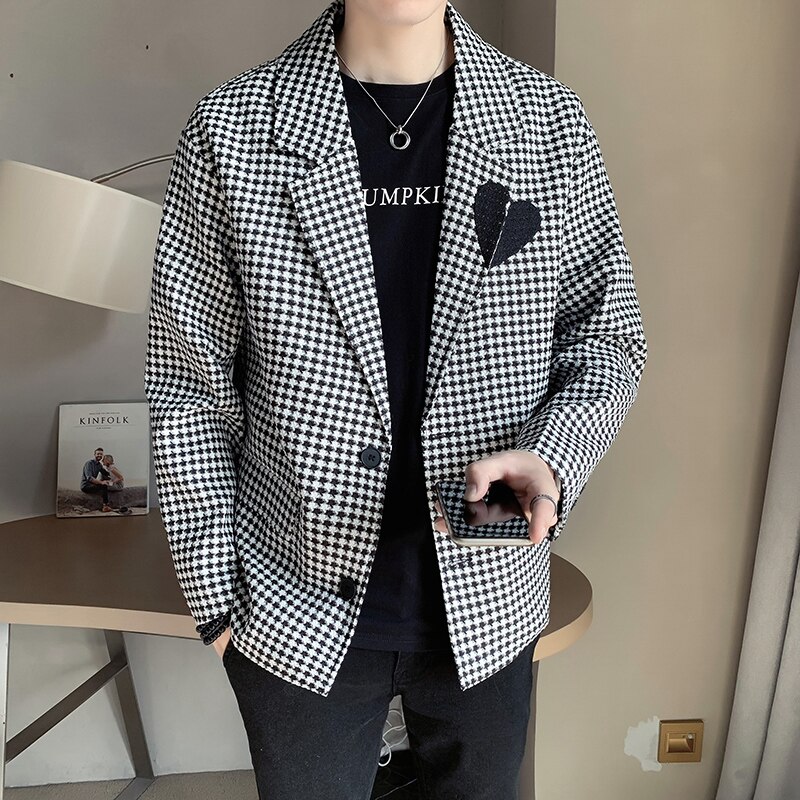 Chaqueta de traje de pata de gallo para hombre, ropa de calle informal holgada, Blazer de Social, abrigo de vestir de negocios que combina con todo, masculina, 2022
