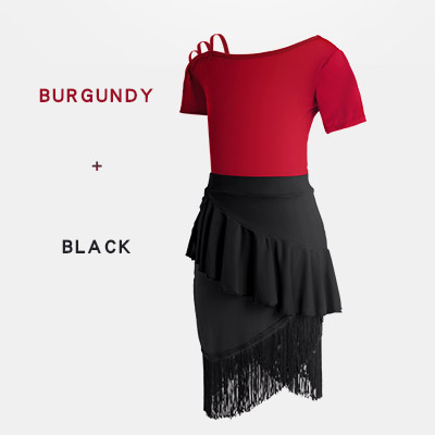 Mädchen Salsa tanzen Kleider Art Randbereich Latein tanzen Kostüm Frauen Cha Cha Tango Bühne Tragen: Burgund und Schwarz / 140 Höhe 135-145cm