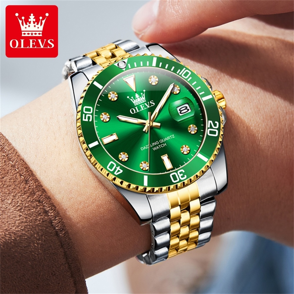 Olevs Originele Luxe Mannen Horloge Kalender Groen Waterdicht Quartz Horloge Voor Mannen Rvs Band Lichtgevende Diamant Schaal