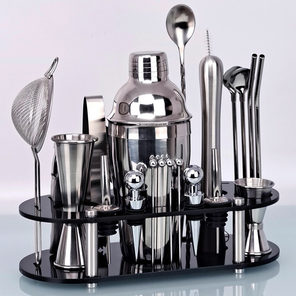 Stainless Steel Bar Cocktail Shaker Set Barware Tools Shaker Sets with Wooden Rack: 550ML