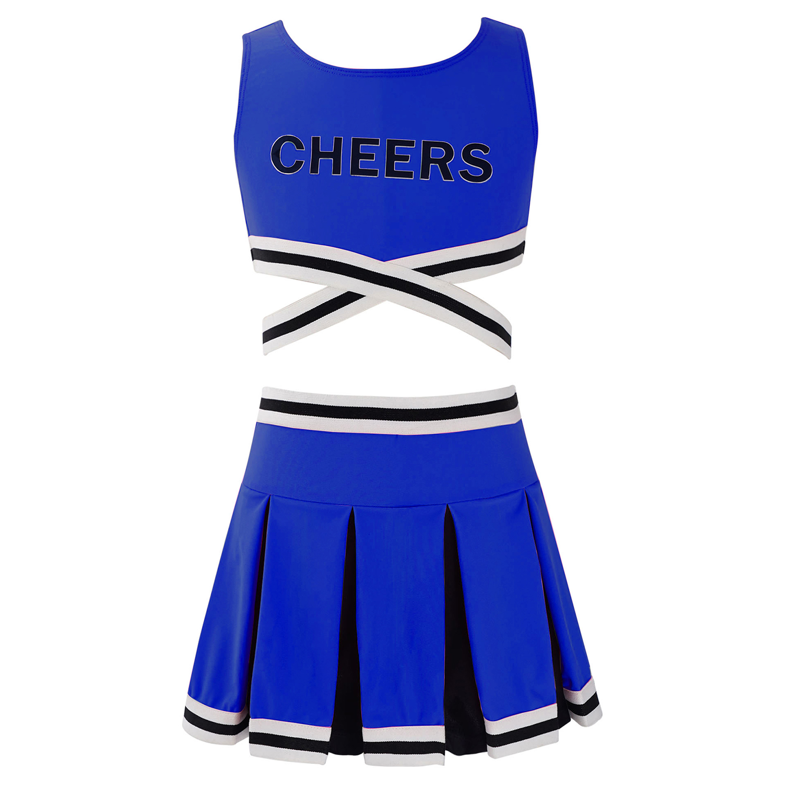 2Pcs Kids Girls Cheerleader Uniform Cheerleading Dance Outfit Sleeveless Cheers Print Crisscross Sash Vest and Pleated Skirt Set: Royal Blue / 12