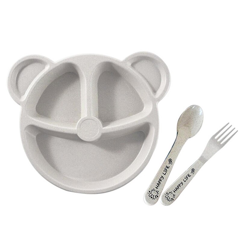 3 stk / sæt baby skål + ske + gaffel fodring mad bordservice tegneserie bjørn børn retter spiser porcelæn anti træning middag plade: Beige
