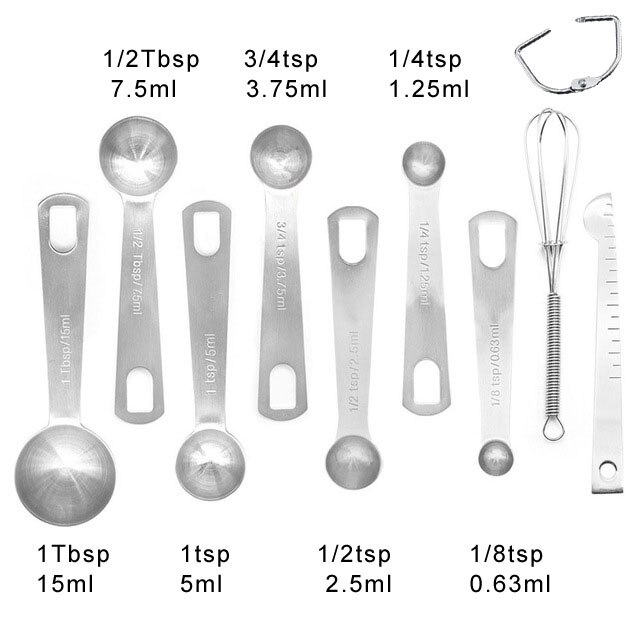Cucharas de medición de acero inoxidable para líquidos secos, herramientas para 304, 1/16, 1/8, 1/4, 1/3, 1/2, 1, 3/4, bsp, se adapta a tarros de especias, 9 Uds., 11 Uds.: D