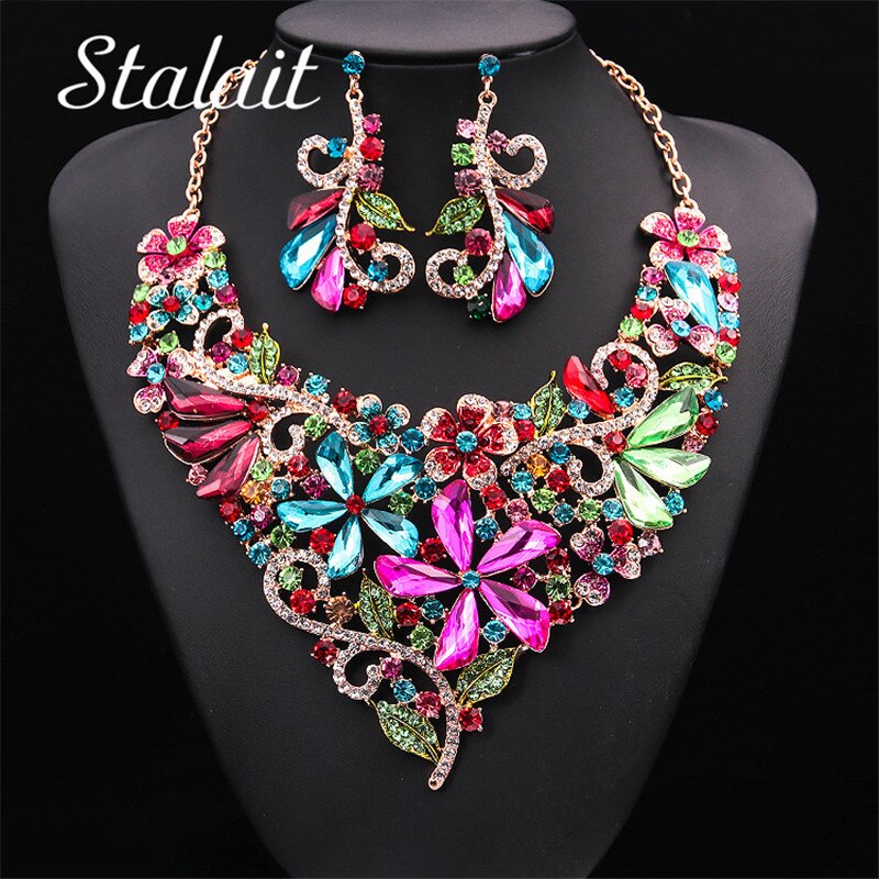 Wedding Jewelry For Women Bridal Crystal Necklace Earring Sets Charm Five-leaf Flower Luxurious Jewelry Valentine&#39;s Day