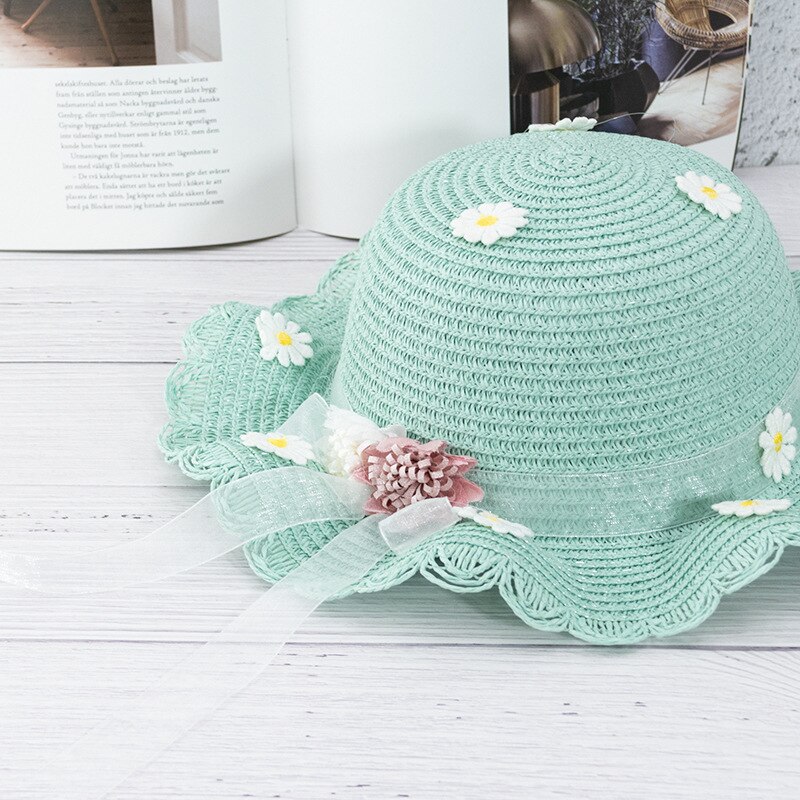 Los niños chica listón con flores sombrero hongo de paja sombreros de Sol para niños de primavera y verano con volantes con ala playa gorra para el sol sombreros