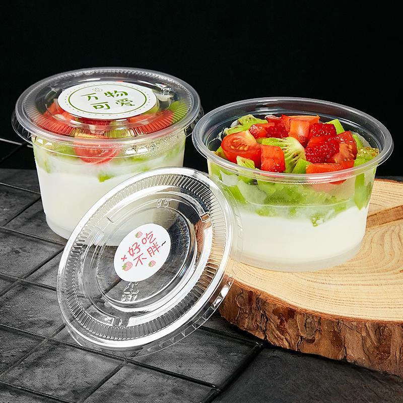 Engangssalatkopper 250ML - Gennemsigtig Plast Dessertkopper Skåle Beholder med Dome/Flad Låg