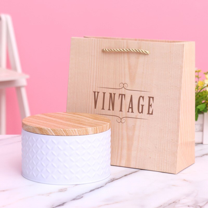 Caja de hierro de grano de madera de alta gama, caja cuadrada de Metal, embalaje de galletas, turrón de Chocolate, de dulces de Navidad, caja de almacenamiento para el hogar, 1 ud.: Round White
