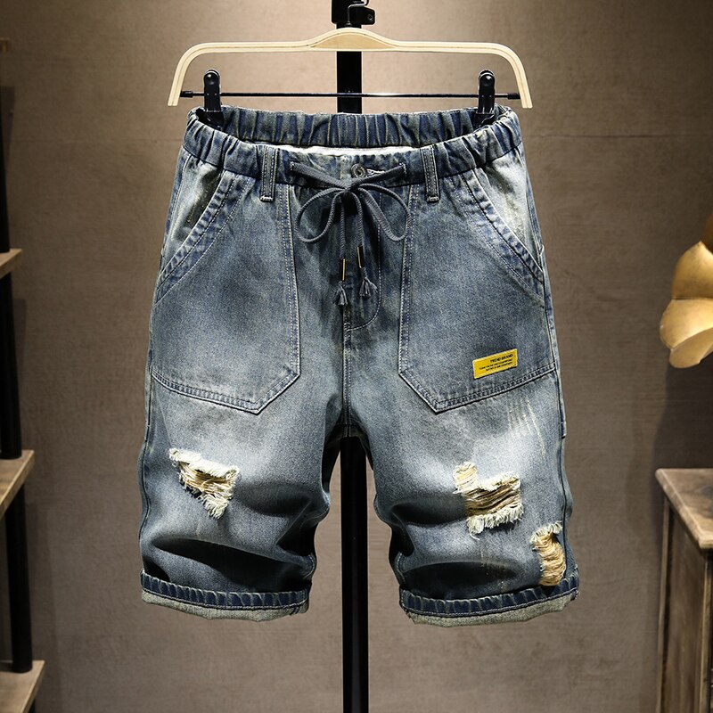 4XL 5XL 6XL 7XL straight loose brand denim shorts summer classic style ripped stitching men's Hole lightweight jeans: M