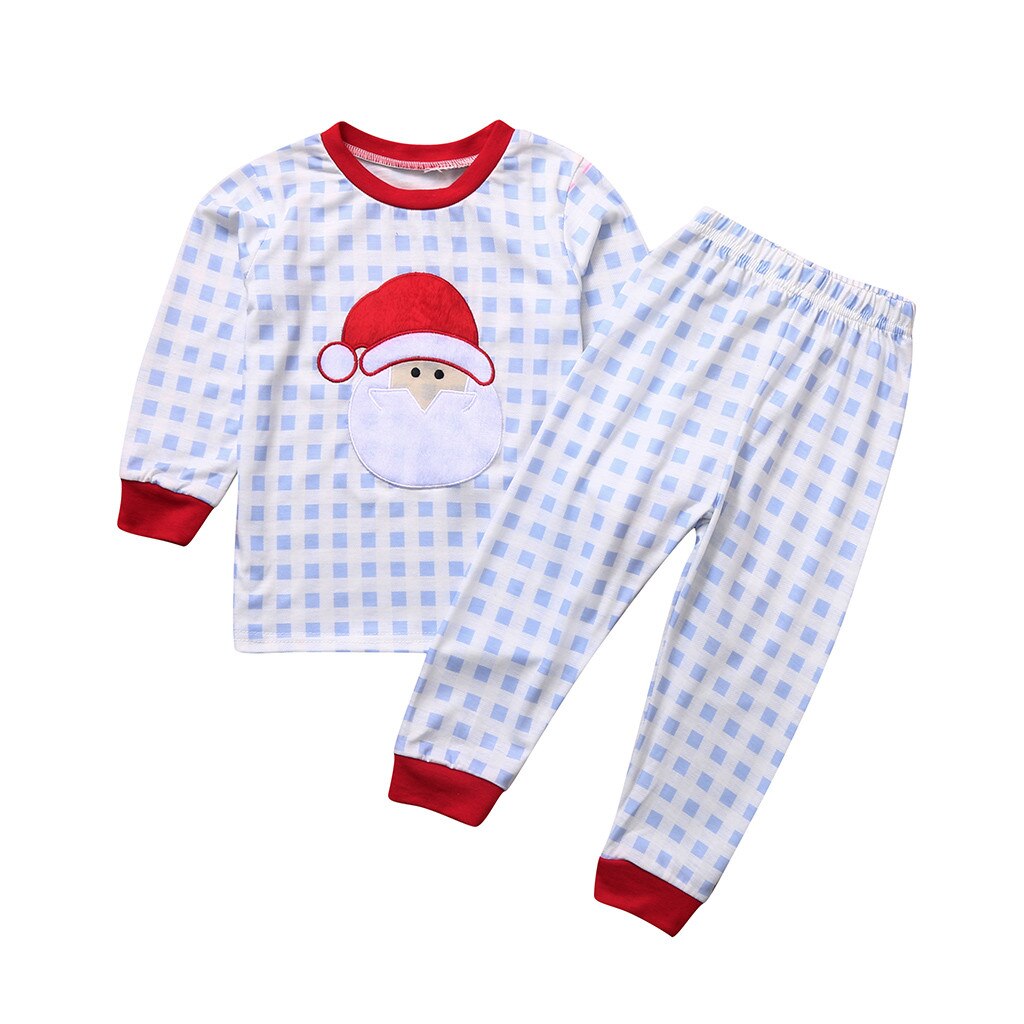 Weihnachten Pyjama Kleinkind Baby Jungen Mädchen Weihnachten Santa Claus Plaid Spitzen + Hosen Pyjama freundlicher Nachtwäsche Outfits pijama infantil: Blau  / 4T