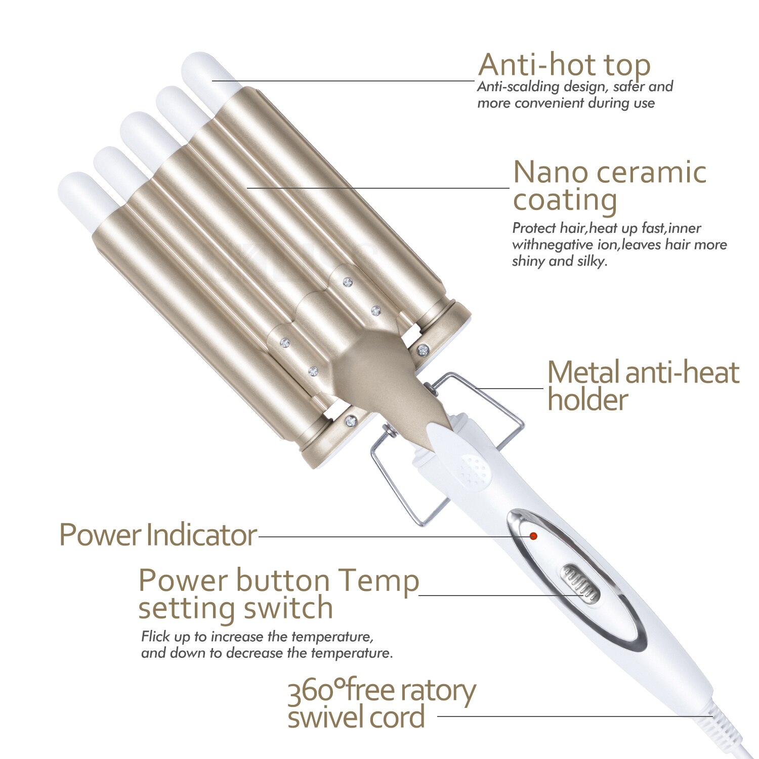 UKLISS Hair Waver Ceramic Deep Barrel Hair Crimper Iron for Beach Waves 3 Barrels Big Wave Curler Wand Hair Styler Curling Iron