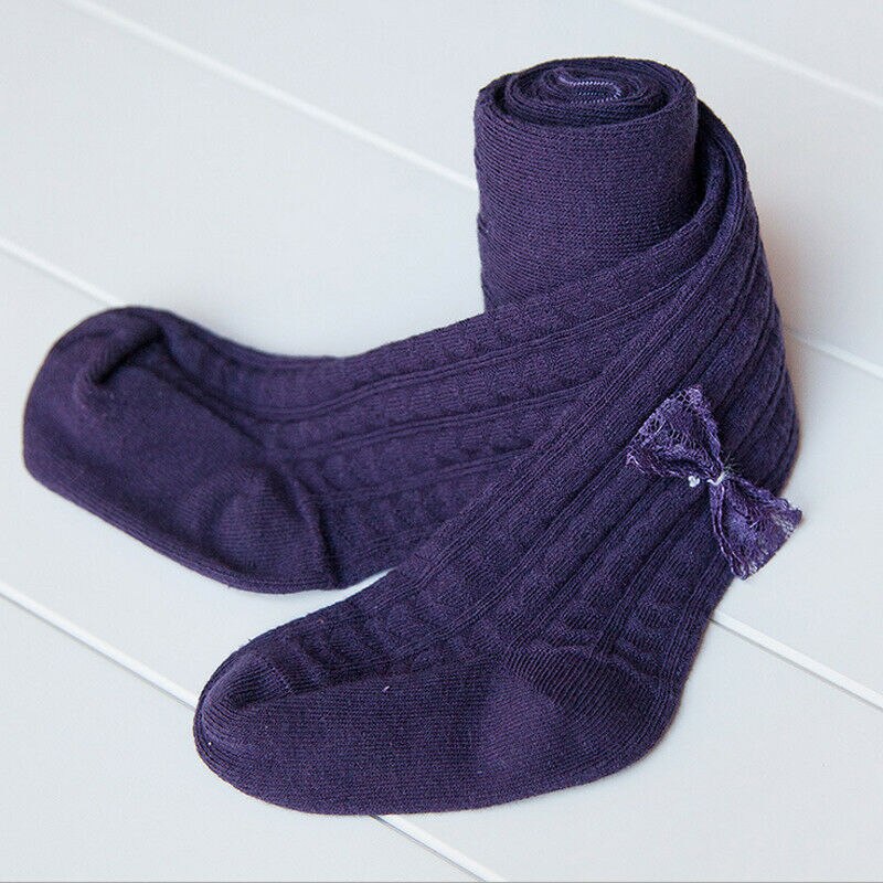 1 paar Kids Sokken Peuters Meisjes Kant Boog Knie Hoge Lange Zachte Warme Winter Katoenen baby Sokken Kids Gebreide gestreepte 5 Kleur: Dark Purple / 4 to 6Years