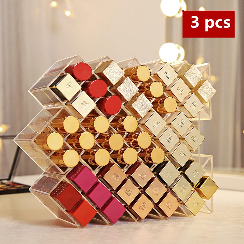 48/32/16 Lattices Plastic Lipstick Organizer Standing Makeup Storage Rack Table Lip Gloss Holder Transparent Cosmetics Container: 48 Lattices