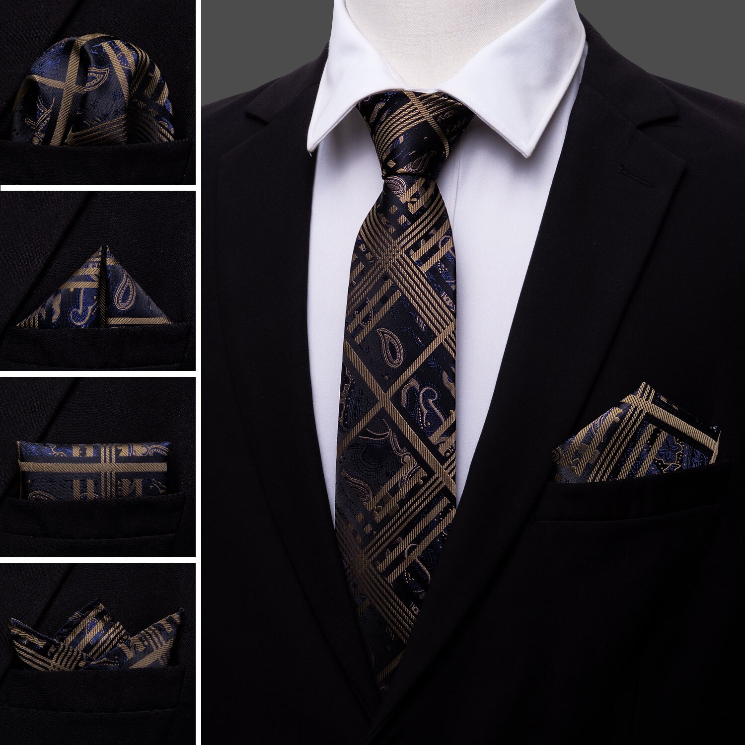 LS-1714 Barry.Wang Mens Tie Set Silk Gravata White Floral Necktie Hanky Cufflink For Wedding Business Party